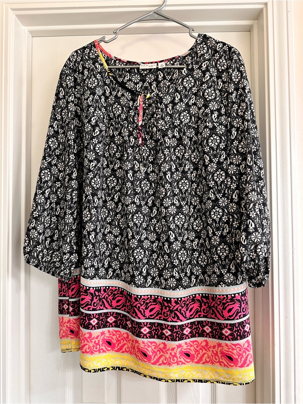 Kim Rogers Black Patterned Peasant Tunic with Pink & Yellow Border